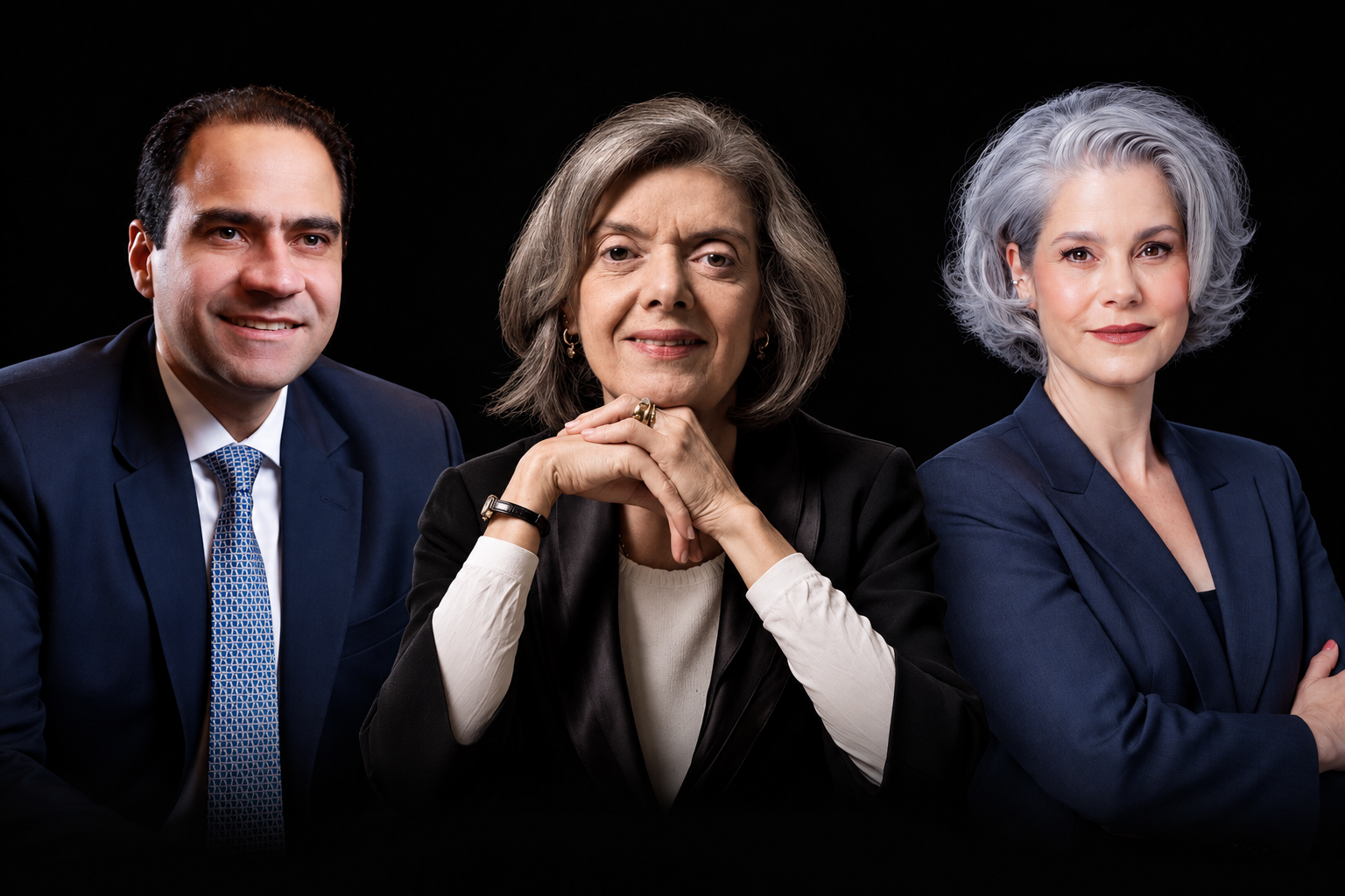 Composição com fundo preto: Beto Simonetti à esquerda, Cármen Lúcia ao centro e Patrícia Vanzolini à direita.