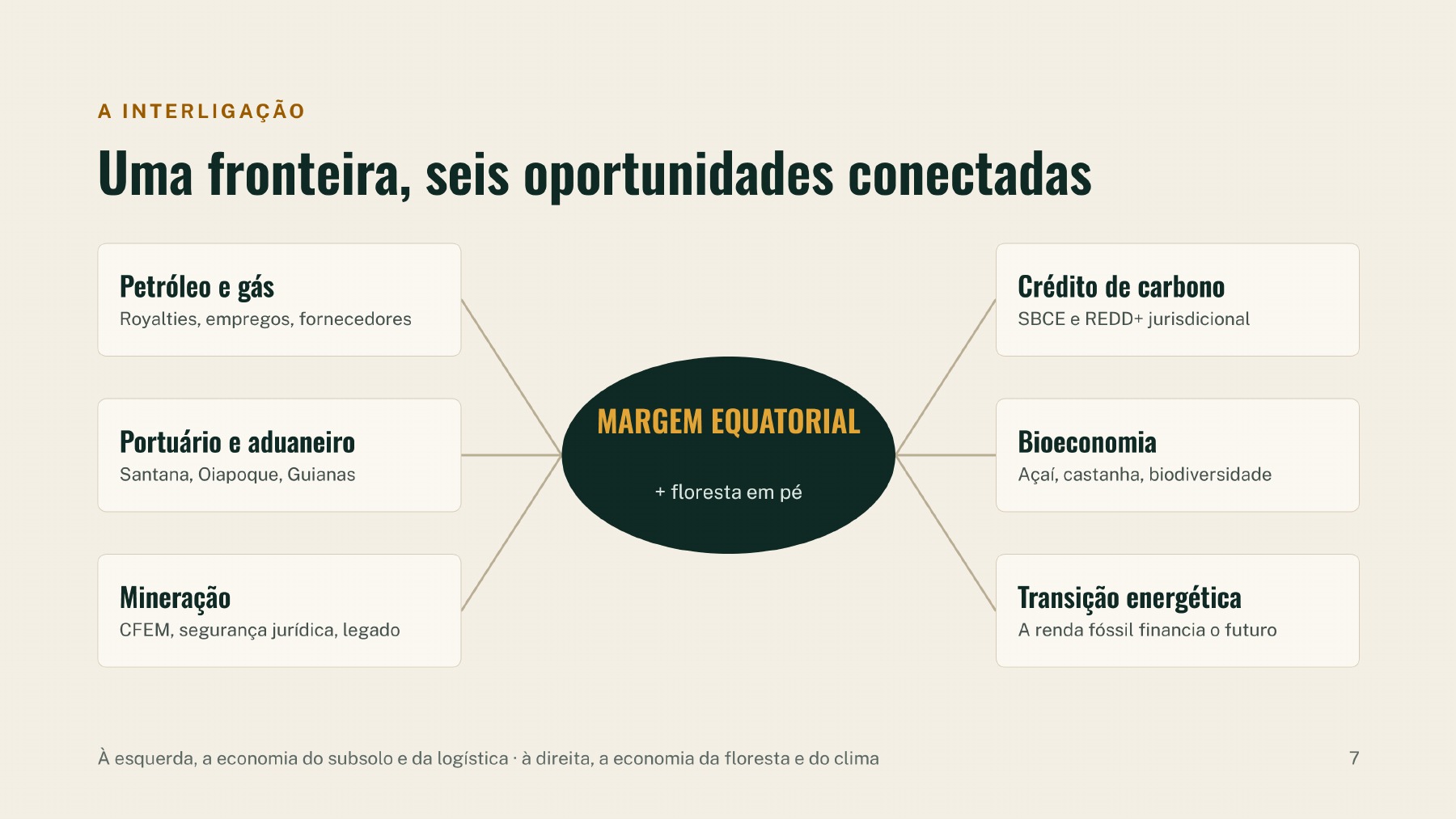 Quadro da apresentação com seis oportunidades: petróleo e gás, portuário e aduaneiro, mineração, crédito de carbono, bioeconomia e transição energética.