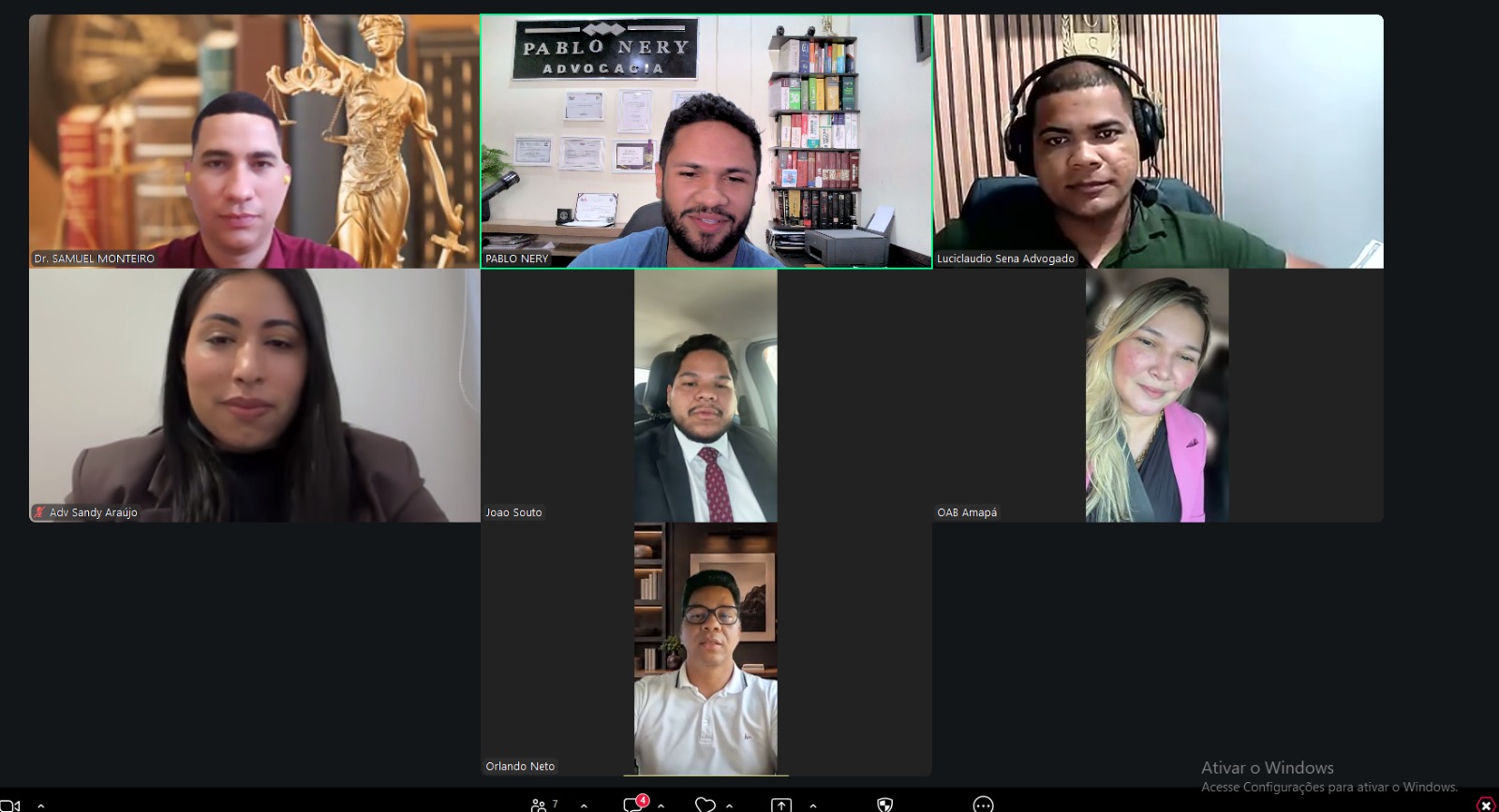Registro de reunião virtual com sete participantes para alinhamento das Prerrogativas da OAB/AP.